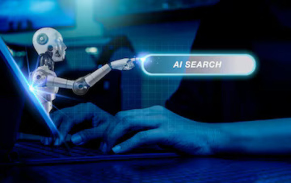 Robot AI và thanh tìm kiếm AI Search minh hoạ sự thay đổi trong cách tìm kiếm thông tin