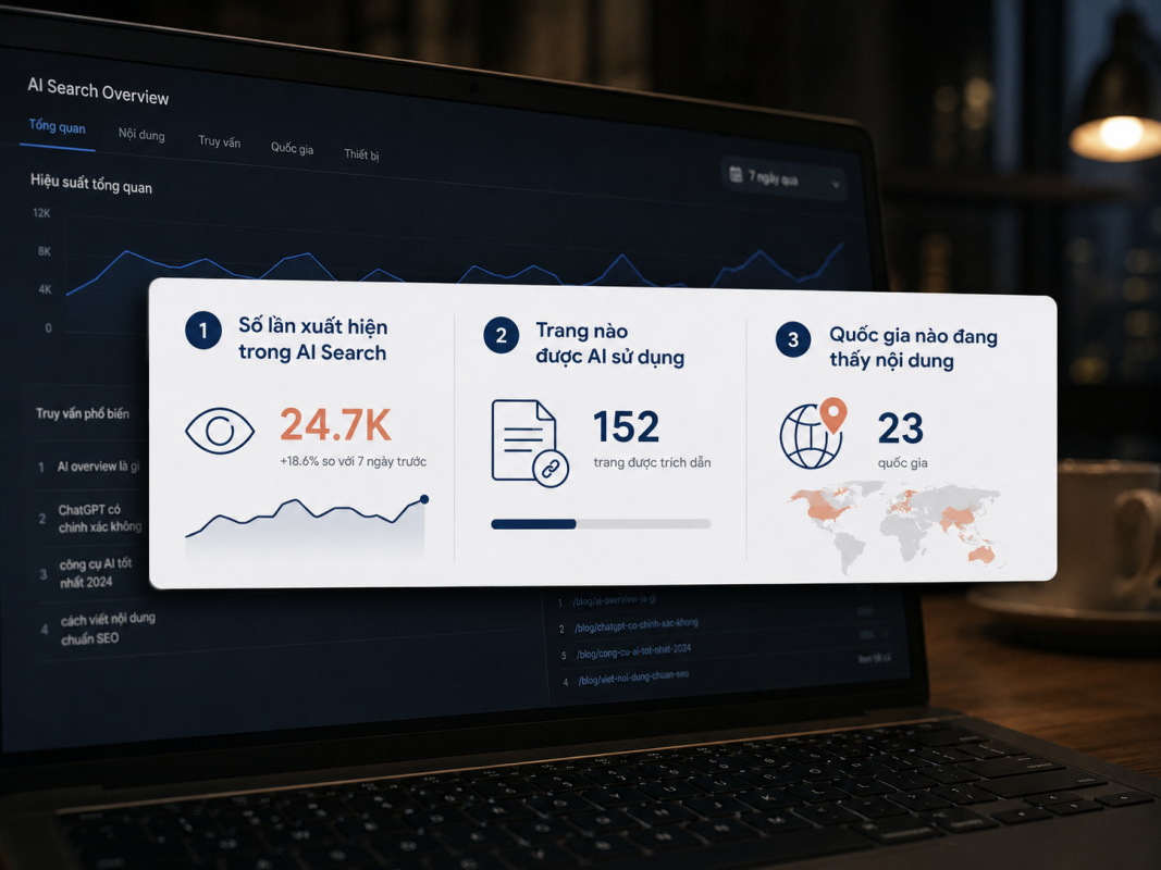 Ba dữ liệu AI Search mới trong Search Console: số lần xuất hiện, trang được dùng, quốc gia